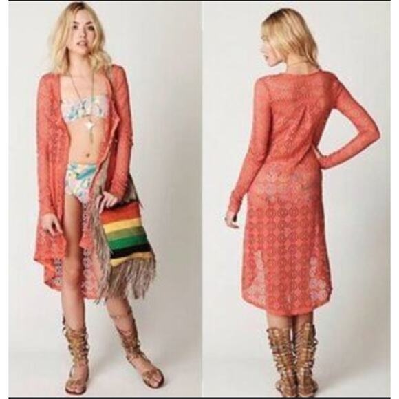 Md Free People Beach Cardigan Cover-Up Orange Open-Knit Pockets Boho Festival - Picture 1 of 7